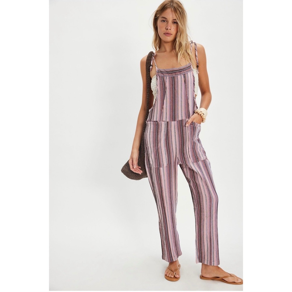 Free People Mauve Combo Striped Overalls Tie Strap Boho Jumpsuit XL OB12187861